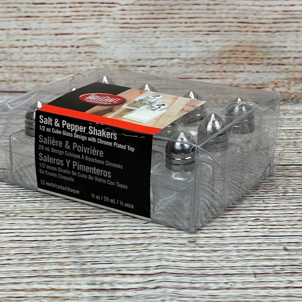TableCraft 12 Pack 1/2 oz Cube Glass Salt and Pepper Shakers Chrome Top C30A NIB